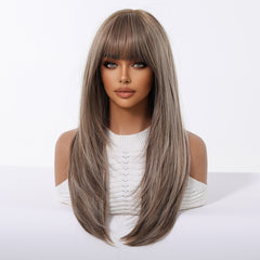 Ash Beige Blonde with Bangs Straight Layers 22