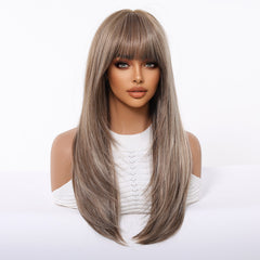 Ash Beige Blonde with Bangs Straight Layers 22