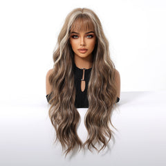 Ash Brown Blonde Highlights Long Waves with Wispy Bangs 26