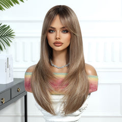 Dark Brown Roots to Sandy Brown with Bangs Straight 24
