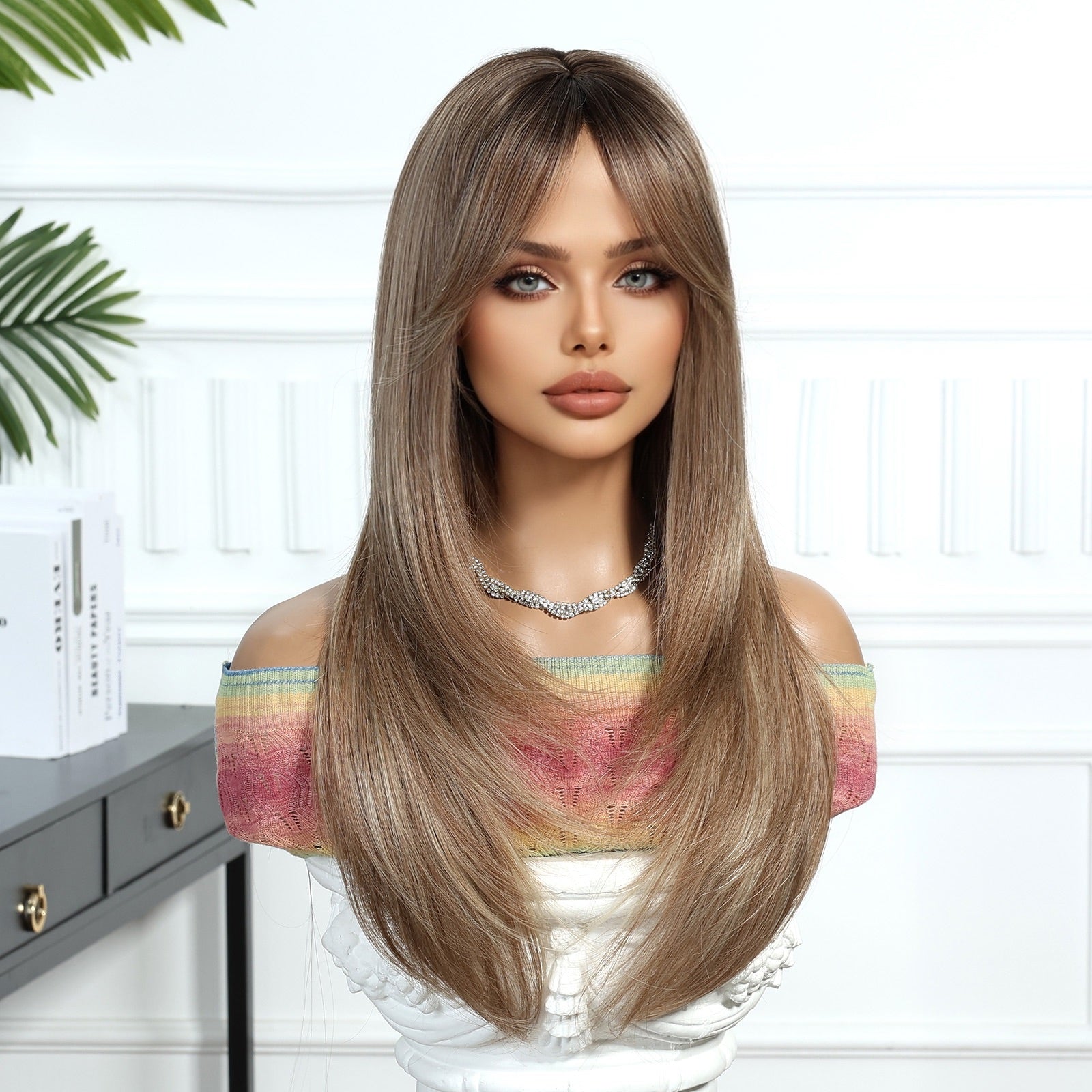 Dark Brown Roots to Sandy Brown with Bangs Straight 24