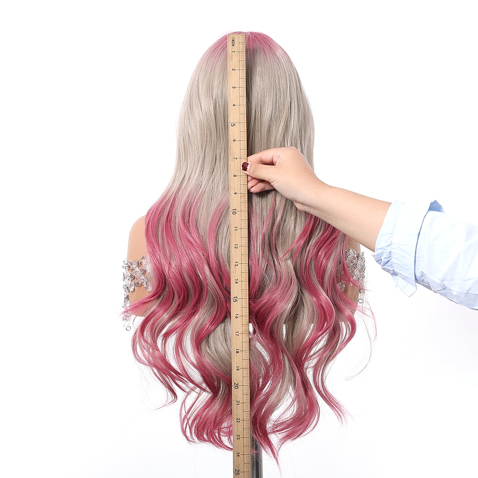 Silvery Blonde with Pink Top and End Long Curly 24