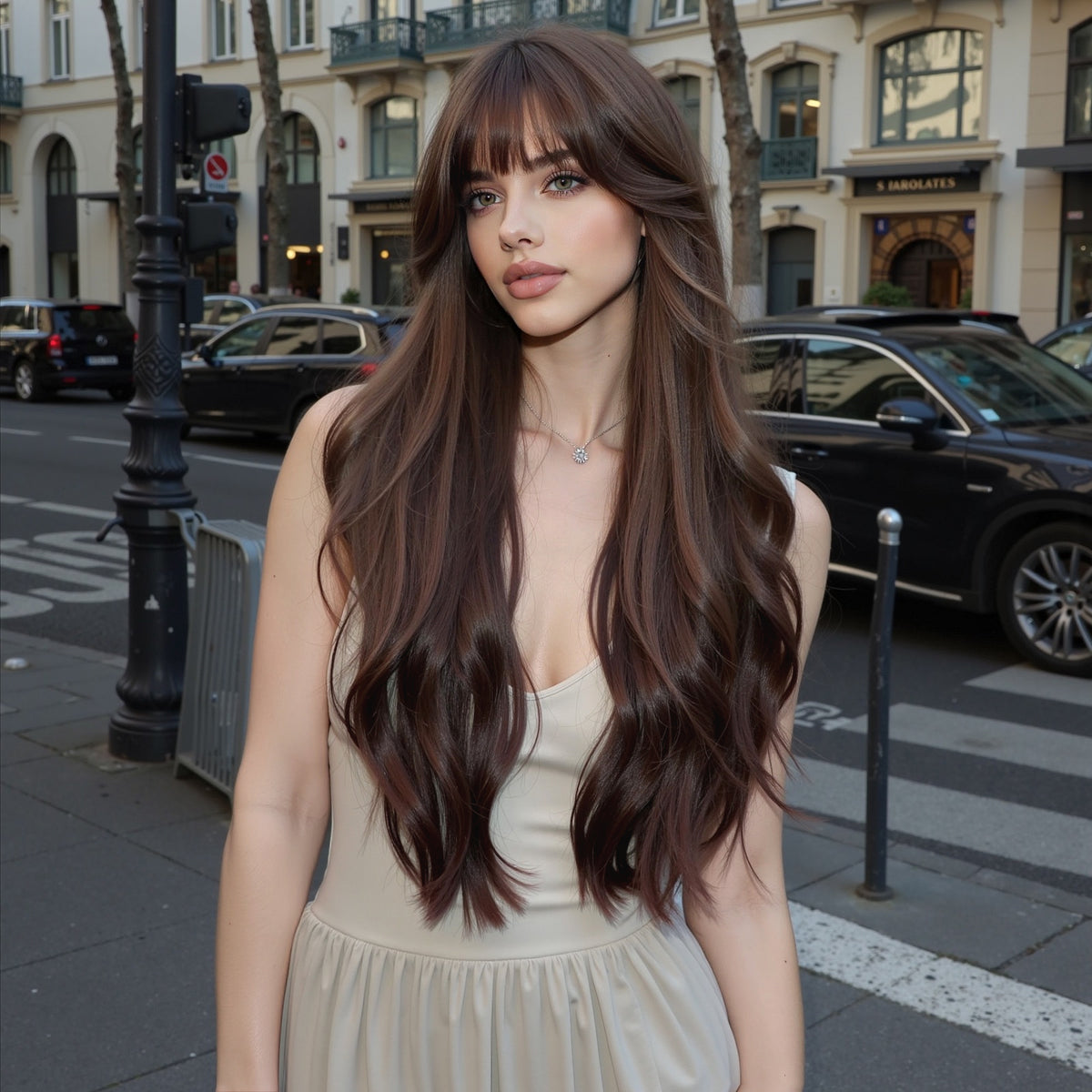 Dark Chocolate Brown with Wispy Bangs Long Waves 26