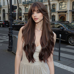 Dark Chocolate Brown with Wispy Bangs Long Waves 26