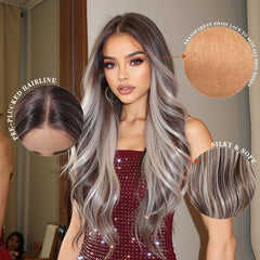 Lace Front Silvery & Brown Extra Long Curly 26