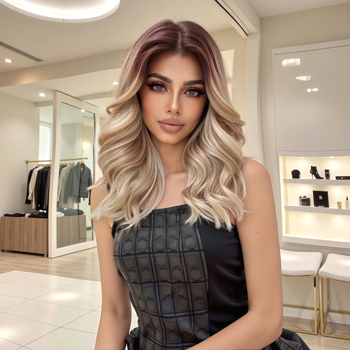 AuraTress MONO Blonde(Brown at top) Long Curly 16